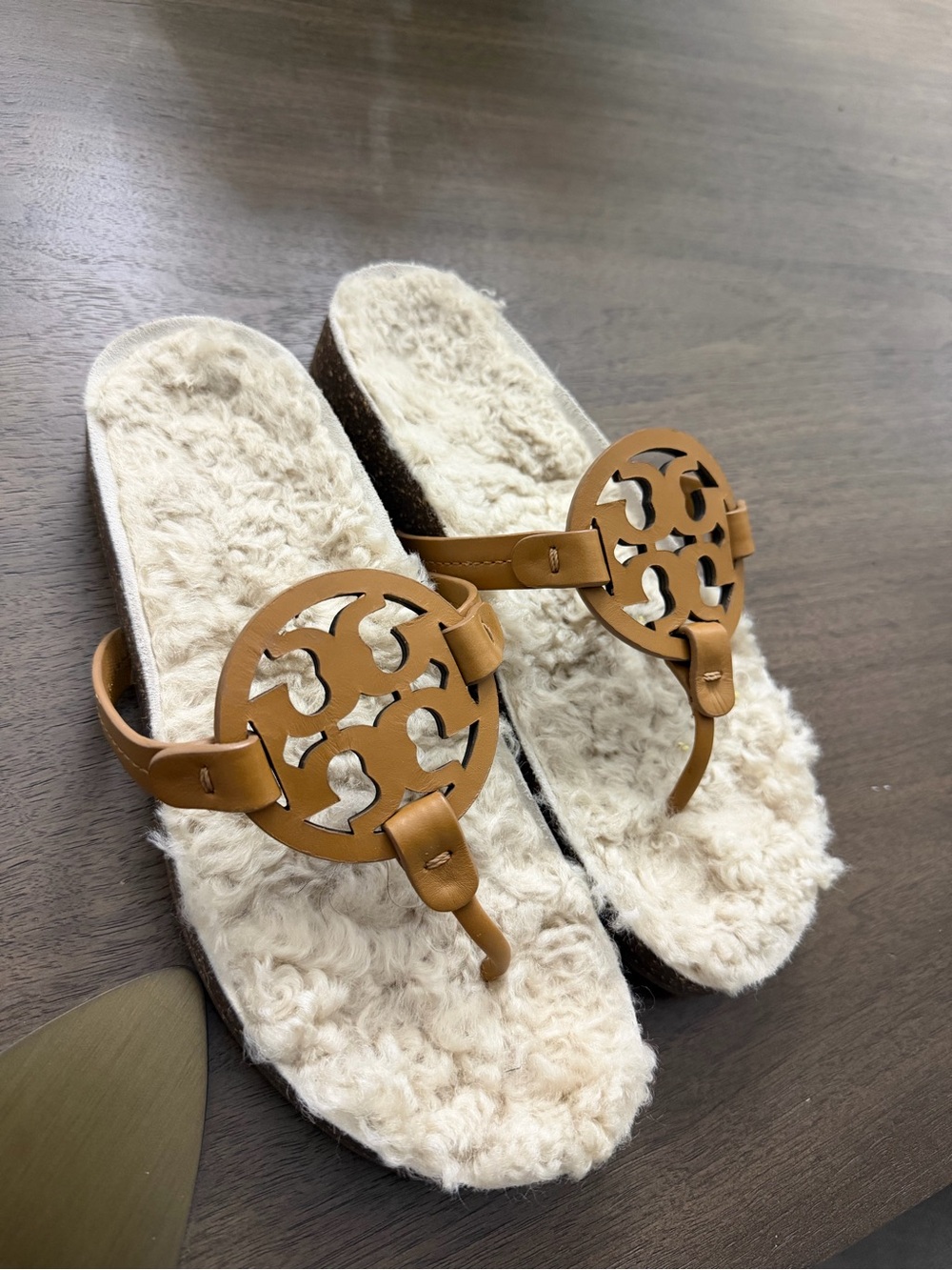 Tory Burch Tan Leather Logo Shearling Slide Sandals